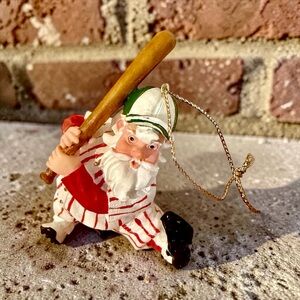 Vintage Adorable Santa Playing Baseball Dressed Festive Xmas Holiday Ornament
